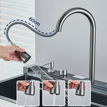 Purilite Select Multifunction Stainless Steel Kitchen Sink | Large Single Bowl Waterfall Sink with Pull-Out Faucet, Digital Display & 5-Function Water System