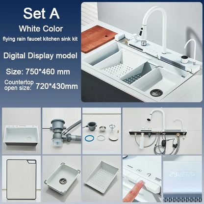 Purilite Select Multifunction Stainless Steel Kitchen Sink | Large Single Bowl Waterfall Sink with Pull-Out Faucet, Digital Display & 5-Function Water System