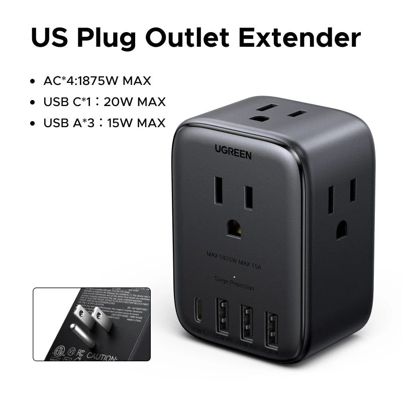 UGREEN Outlet Extender Power Strip – 20W USB-C Fast Charger – 4 AC Outlets, 3 USB-A + 1 USB-C – 1875W Wall Charger for Home, Office & Travel - PuriLite