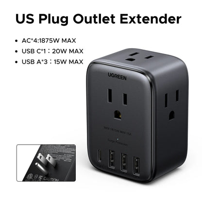 UGREEN Outlet Extender Power Strip – 20W USB-C Fast Charger – 4 AC Outlets, 3 USB-A + 1 USB-C – 1875W Wall Charger for Home, Office & Travel - PuriLite