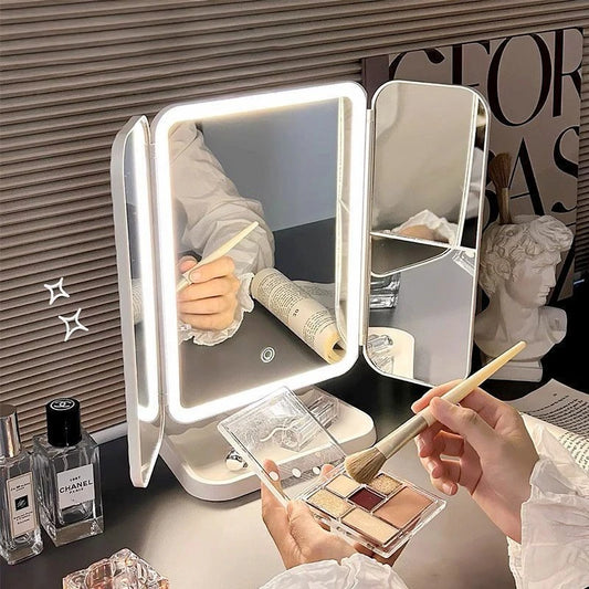 Purilite Select Dual Door 3-Fold Makeup Mirror – Touch Control Vanity Mirror with LED Lights – 360° Rotatable LED Makeup Mirror with 3 Light Modes