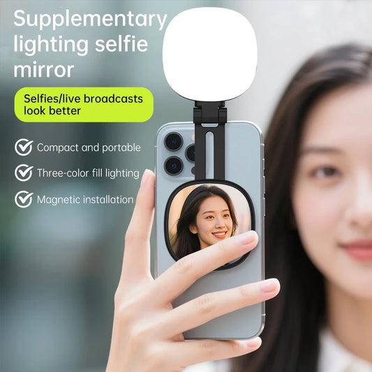 Purilite Select Magnetic Selfie Mirror with Adjustable Dual-Color Fill Light – Portable Reversible Mini LED Light for Mobile Photography and Video Recording - PuriLite