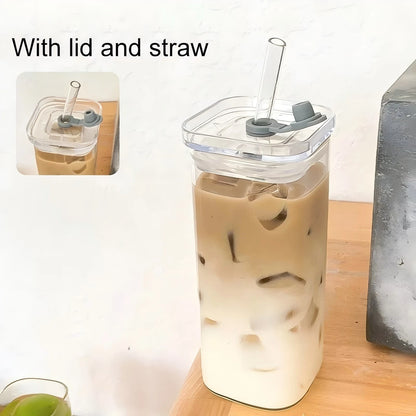Purilite Select – Square Heat-Resistant Glass Coffee Cup with Lid &amp; Straw