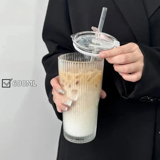 Purilite Select 600ml Stripe Glass Cup with Lid and Straw
