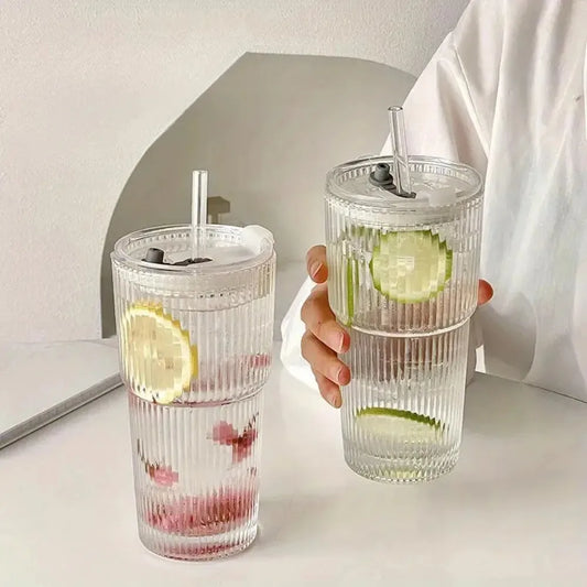 Purilite Select 600ml Stripe Glass Cup with Lid and Straw