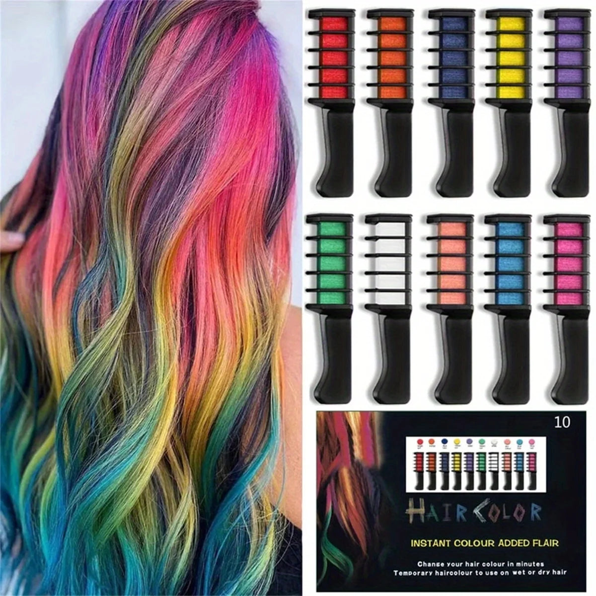 Purilite Select Temporary Hair Dye Chalk Set – Chalk Comb Hair Color with 10 Vibrant Colors – Washable Non-Toxic Quick Hair Coloring Kit for Kids & Adults