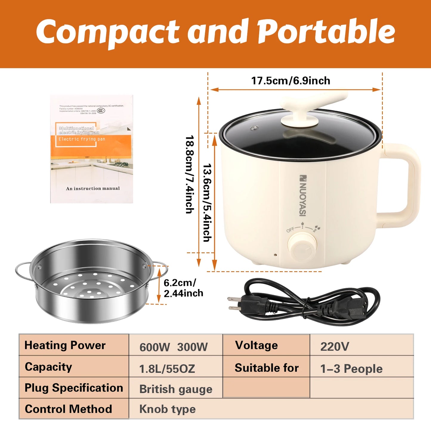 Mini Electric Hot Pot 220V 1.8L UK Round Stock Pot Nonstick Shabu Pot Travel Portable Ramen Cooker College Dorm Room Essentials - PuriLite