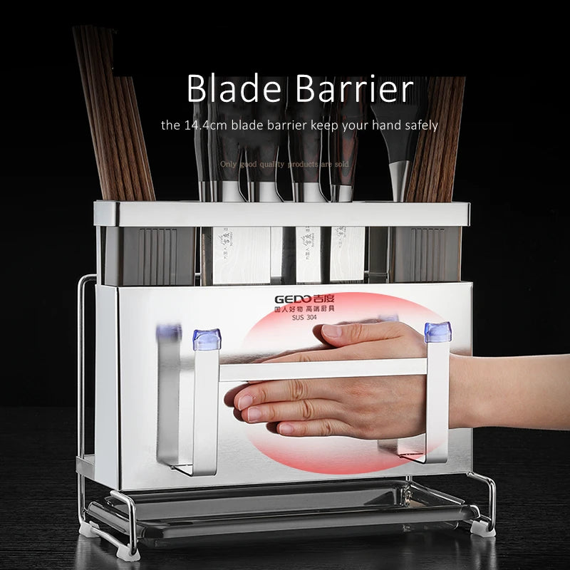 Purilite Select 304 Stainless Steel Kitchen Knife Holder Flatware Organizer with Non-Slip Base and Bottom Water Drain Tray - PuriLite