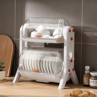 Purilite Select Double-Layer Tableware Storage Rack – Kitchen Bowl and Plate Organizer with Lid, Draining Dish Rack for Household Cupboards
