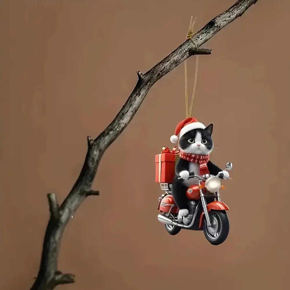 Purilite Select Motorcycle Cat Acrylic Hanging Ornament – Cute 2D Flat Kitten Pendant for Car, Christmas Tree & Home Décor