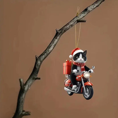 Purilite Select Motorcycle Cat Acrylic Hanging Ornament – Cute 2D Flat Kitten Pendant for Car, Christmas Tree & Home Décor