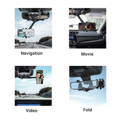 Purilite Select 360° Car Rearview Mirror Phone Holder – Adjustable Telescopic Vehicle Mount for Navigation, Hands-Free Viewing and GPS Support
