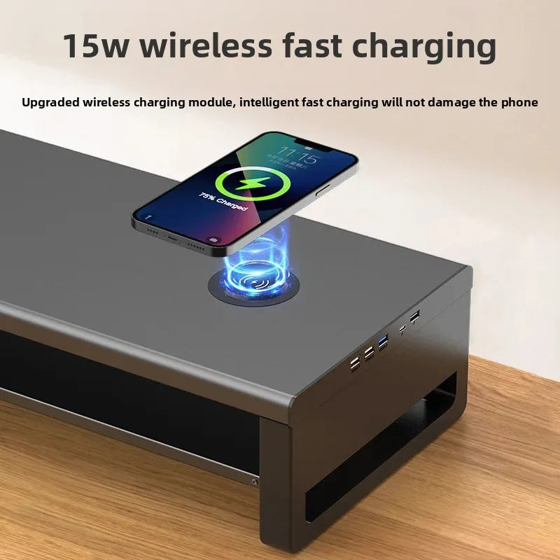 🖥️ Purilite Select™ Metal Monitor Riser with Dual-Layer Drawer & Wireless Charging