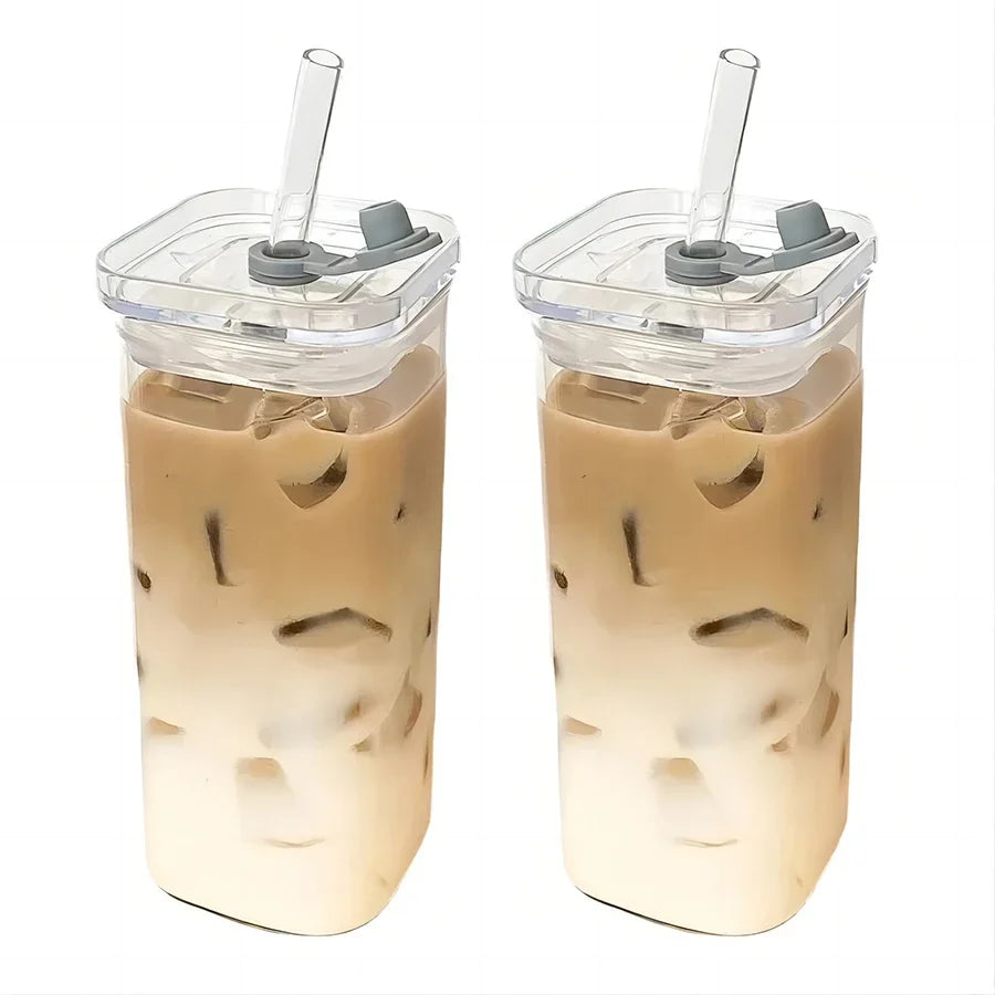 Purilite Select – Square Heat-Resistant Glass Coffee Cup with Lid &amp; Straw