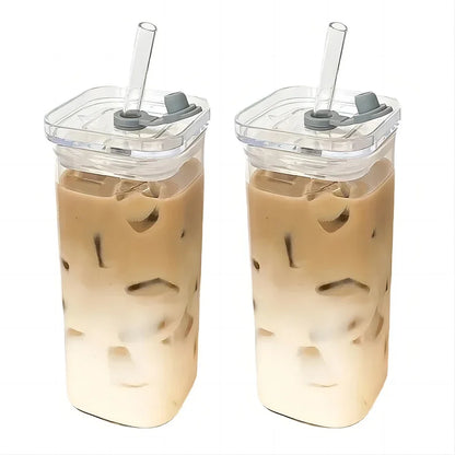 Purilite Select – Square Heat-Resistant Glass Coffee Cup with Lid &amp; Straw