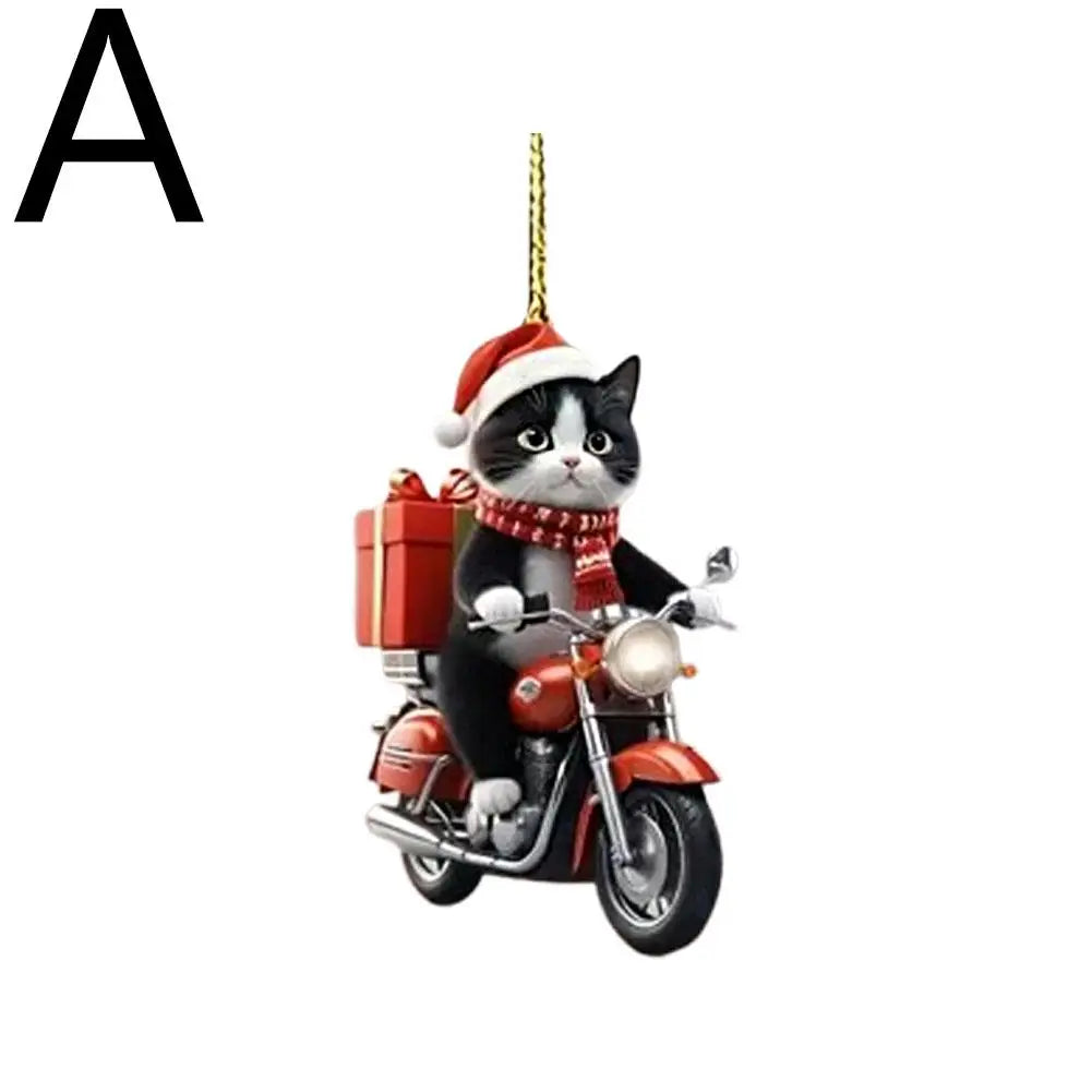 Purilite Select Motorcycle Cat Acrylic Hanging Ornament – Cute 2D Flat Kitten Pendant for Car, Christmas Tree & Home Décor