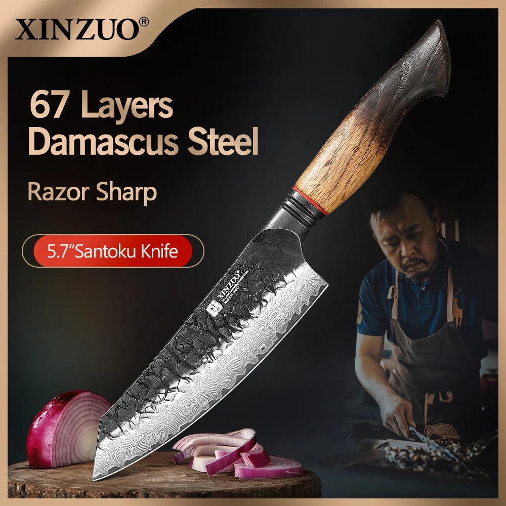 Purilite Select 5.7 Inch Santoku Knife 67-Layer Damascus Steel Kitchen Utility Knife 60±2 HRC with White Oak & Red G10 Handle Gift Box - PuriLite