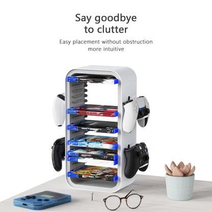 Purilite Select Universal Game Storage Tower – Video Game Disc Organizer Stand for Console Games and Blu-Ray Storage Holds 18 Discs with Accessory Hooks - PuriLite