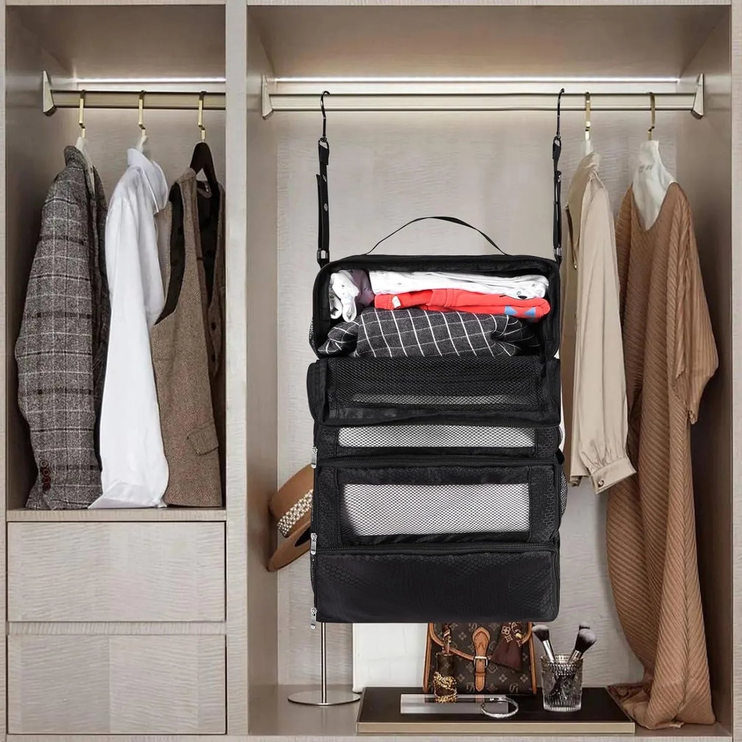 Purilite Select Hanging Suitcase Organizer, High-Capacity Collapsible Travel Packing Cube with Shelves for Clothes, Toiletries & Luggage Storage