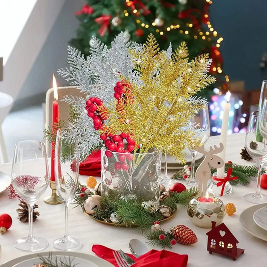 Purilite Select 5Pcs Glitter Artificial Pine Branches – Christmas Gold Leaves Ornament Set | Sparkling Xmas Tree & Home Decoration - PuriLite