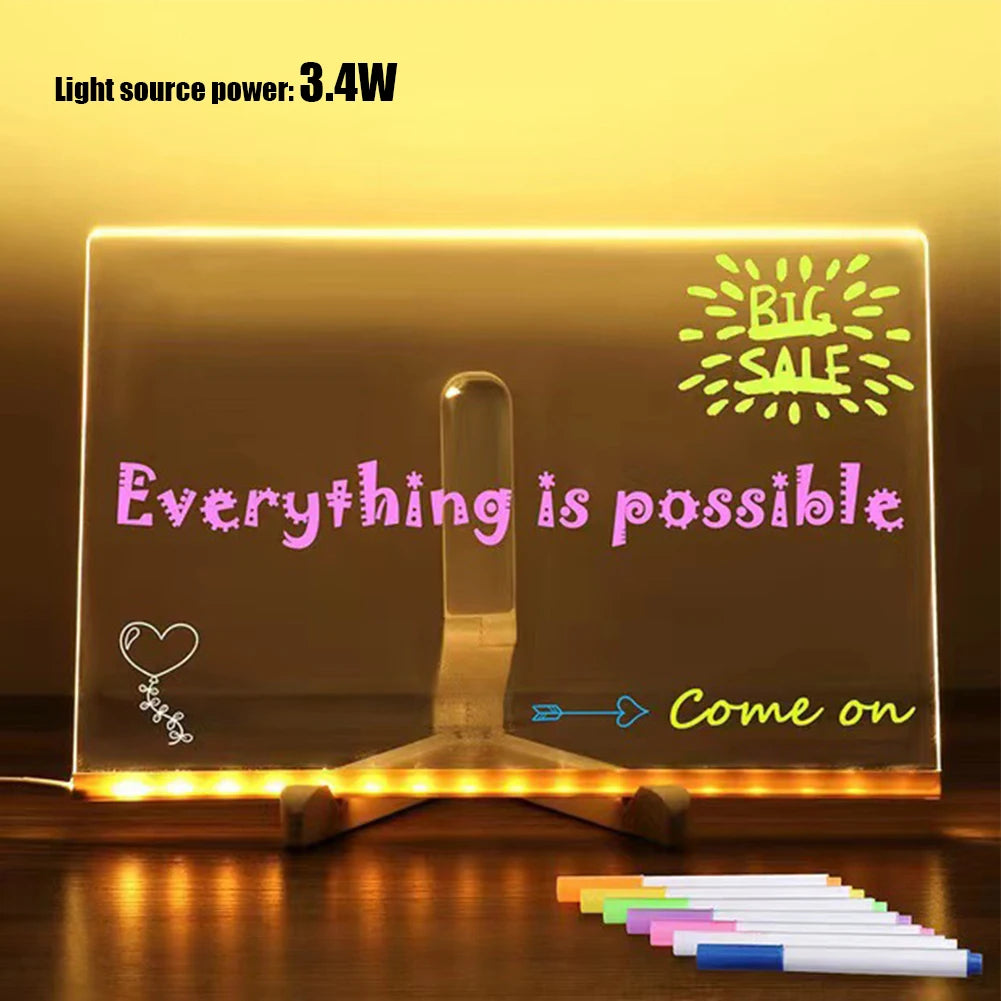 Purilite Select LED Light-Up Acrylic Message Board with 7 Colorful Pens – Rewritable DIY Drawing and Glowing Memo Board for Kids, Home, School, and Office