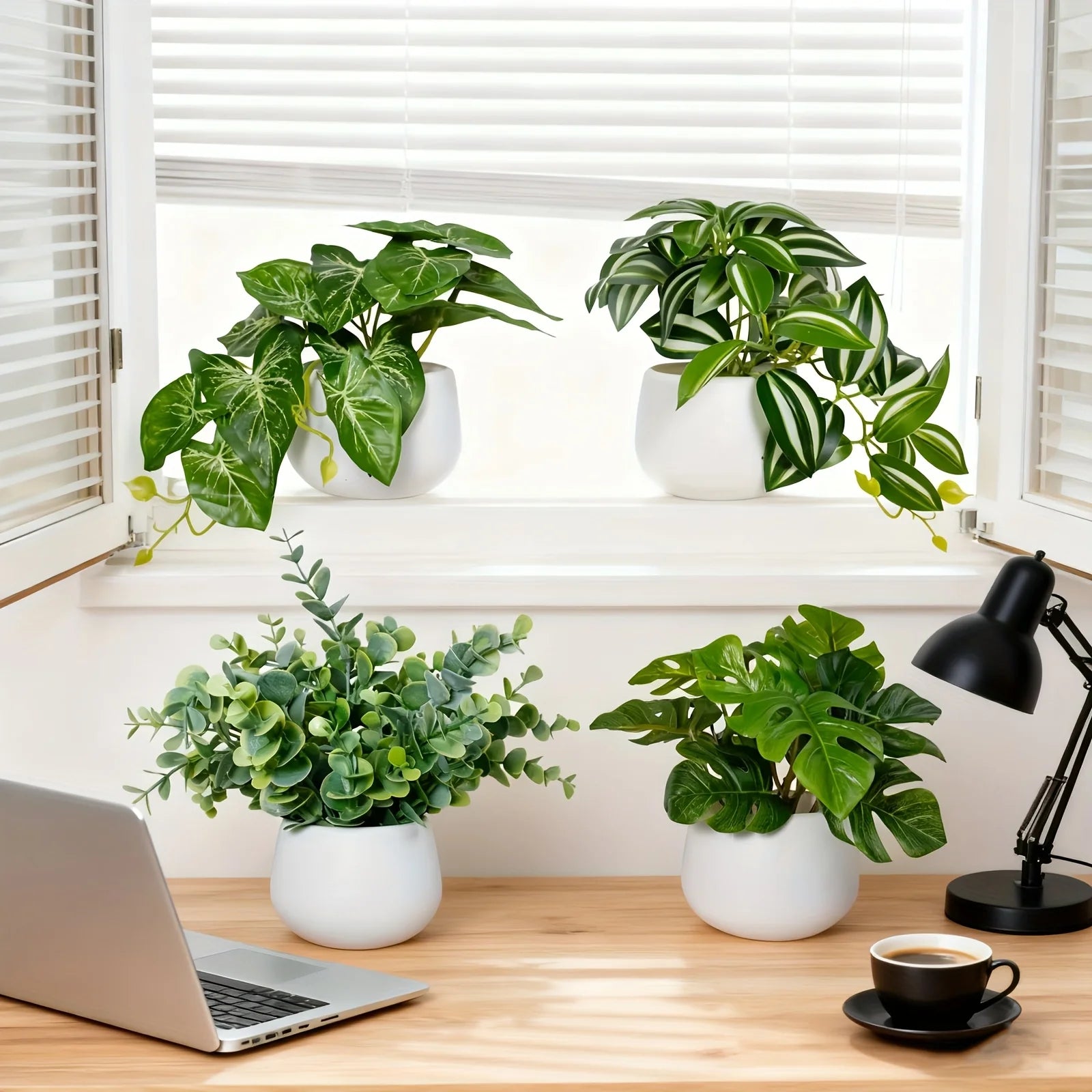 Purilite Select 4-Piece Artificial Green Potted Plant Set – Realistic Faux Indoor Plants for Home, Office, Desk, Windowsill and Living Room Decor - PuriLite