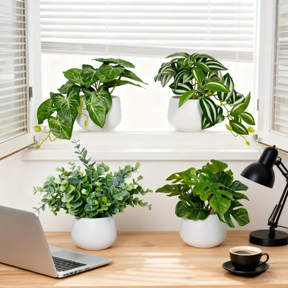 Purilite Select 4-Piece Artificial Green Potted Plant Set – Realistic Faux Indoor Plants for Home, Office, Desk, Windowsill and Living Room Decor - PuriLite