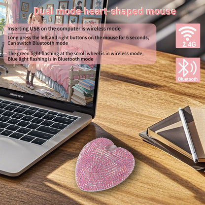Purilite Select | Wireless Pink Dual-Mode Diamond Heart Mouse | Type-C Rechargeable Bluetooth Optical Ergonomic Mouse | Cute Mini Heart-Shaped Laptop Mouse for Girls