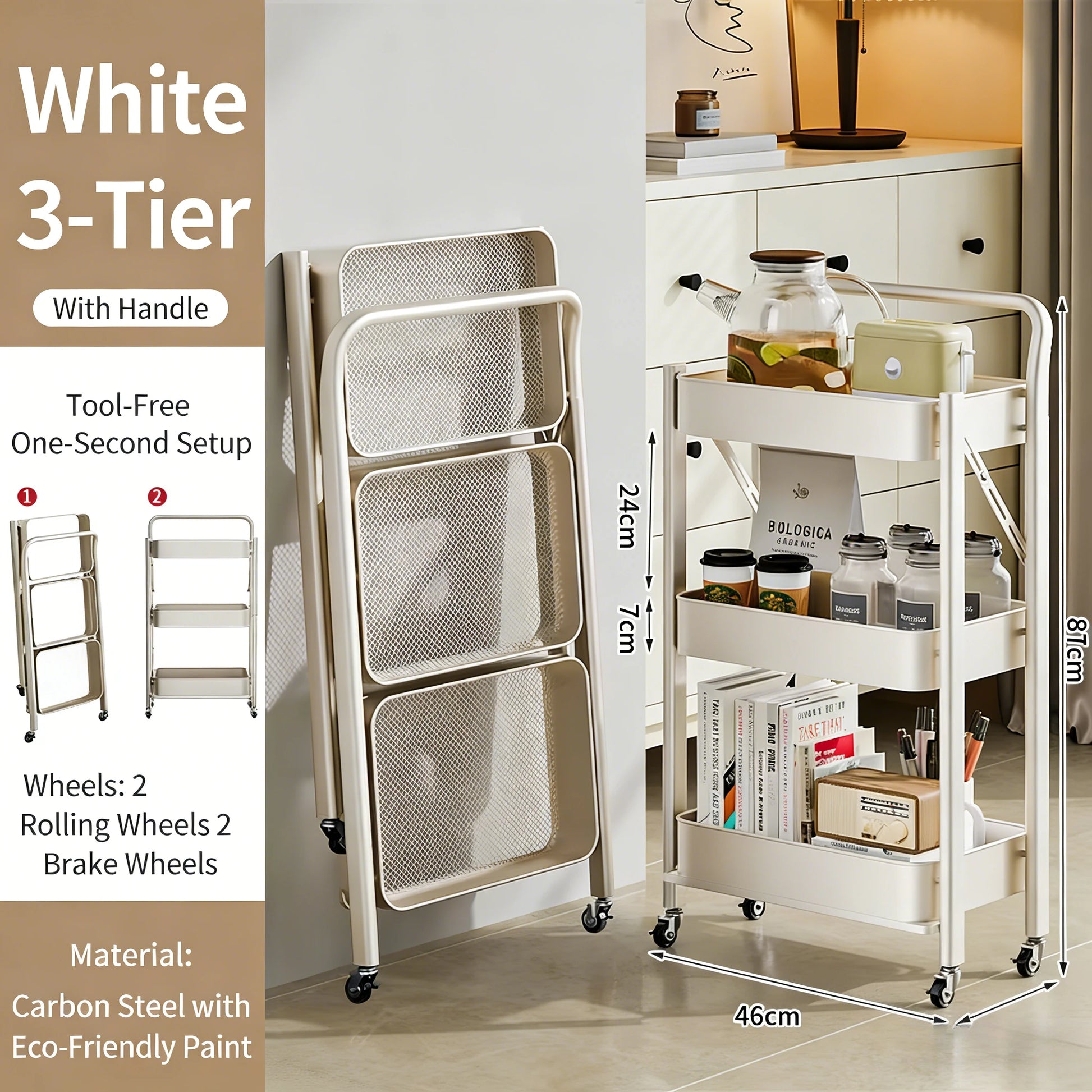 Purilite Select Foldable 3-Tier Storage Cart Carbon Steel Rolling Organizer Rack with Wheels for Kitchen Bedroom and Home - PuriLite