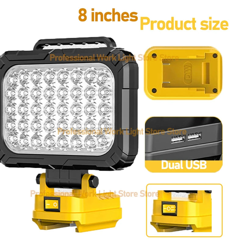 Cordless LED Work Light for DeWalt 20V Battery, 60W 6000LM Jobsite Flood Lights, Portable Outdoor Flashlight Dual USB Charging