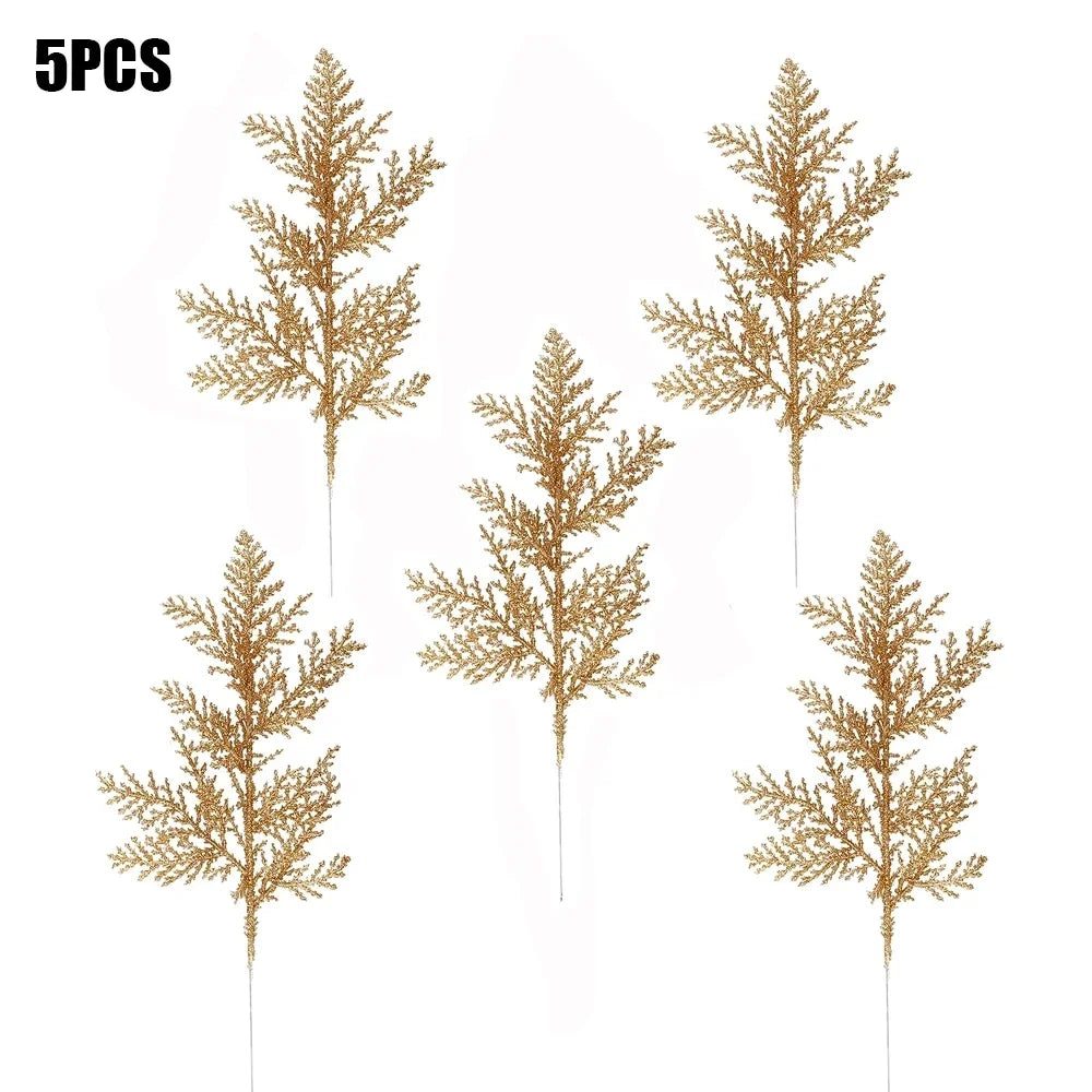 Purilite Select 5Pcs Glitter Artificial Pine Branches – Christmas Gold Leaves Ornament Set | Sparkling Xmas Tree & Home Decoration