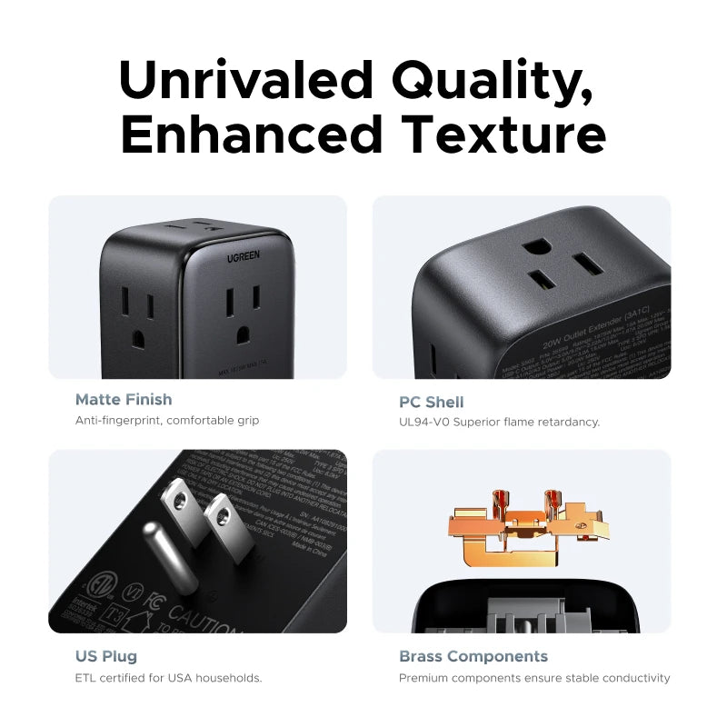 UGREEN Outlet Extender Power Strip – 20W USB-C Fast Charger – 4 AC Outlets, 3 USB-A + 1 USB-C – 1875W Wall Charger for Home, Office & Travel - PuriLite