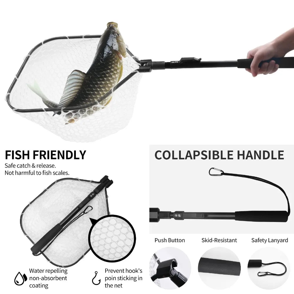Purilite Select Foldable Fly Fishing Landing Net with Soft Rubber Mesh, Lightweight Aluminum Handle Catch and Release Fish Net