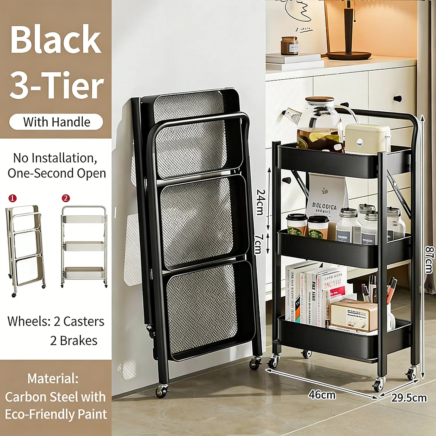 Purilite Select Foldable 3-Tier Storage Cart Carbon Steel Rolling Organizer Rack with Wheels for Kitchen Bedroom and Home - PuriLite