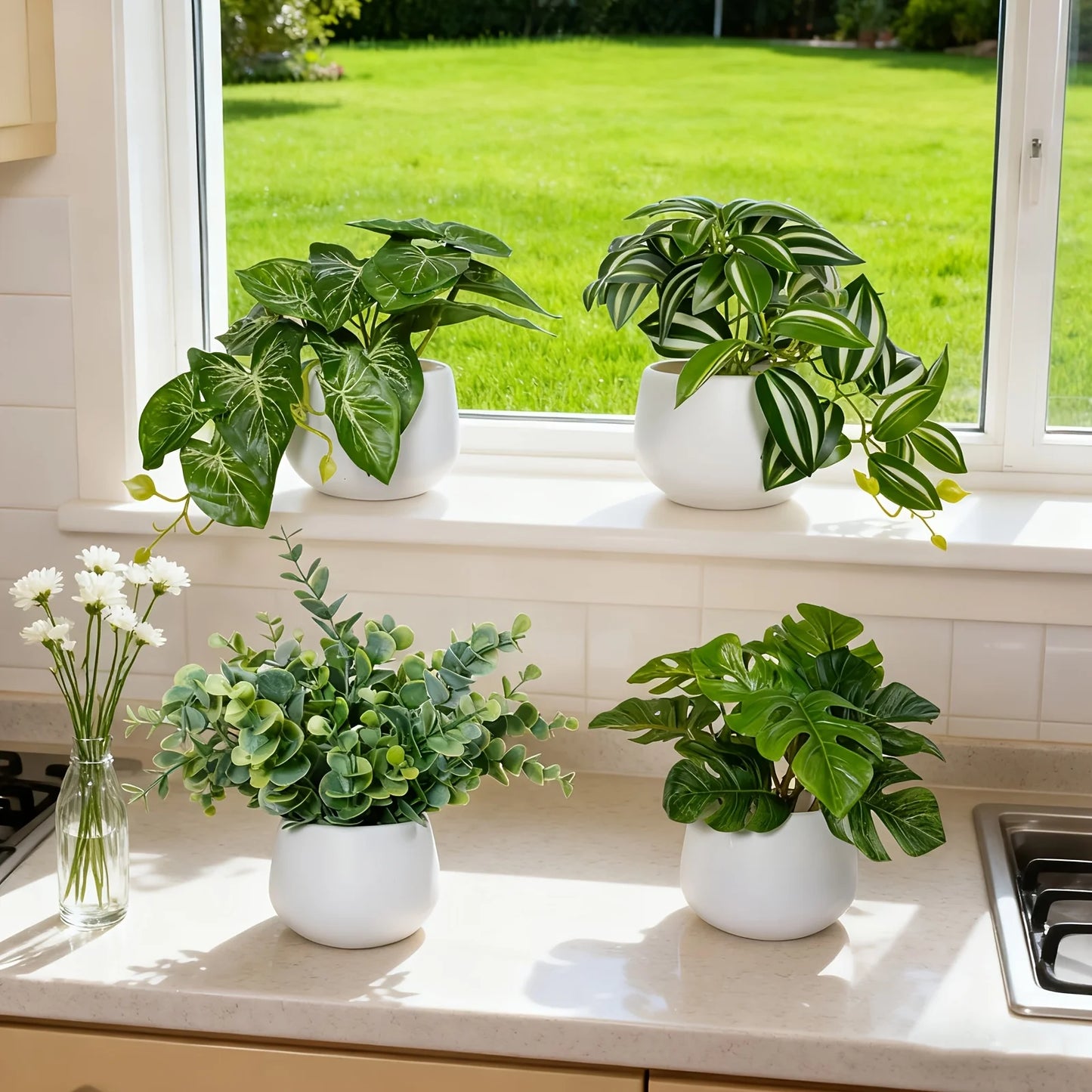 Purilite Select 4-Piece Artificial Green Potted Plant Set – Realistic Faux Indoor Plants for Home, Office, Desk, Windowsill and Living Room Decor - PuriLite