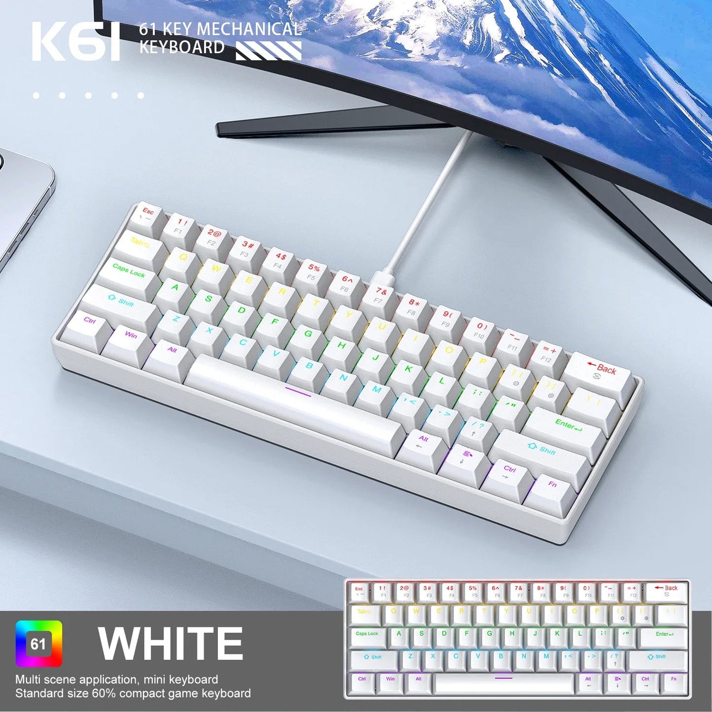 Purilite Select K61 Mini Wired Mechanical Keyboard – 60% Layout, RGB Backlit, Hot-Swappable