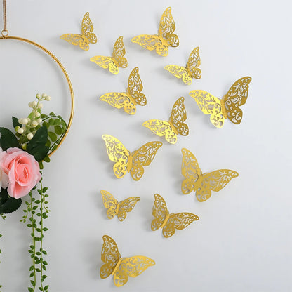 Purilite Select 12-Piece Gold Hollow Butterfly Wall Sticker Set – 3D Decorative Butterflies for Home, Wedding, and Garden Décor