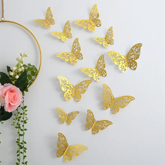 Purilite Select 12-Piece Gold Hollow Butterfly Wall Sticker Set – 3D Decorative Butterflies for Home, Wedding, and Garden Décor - PuriLite