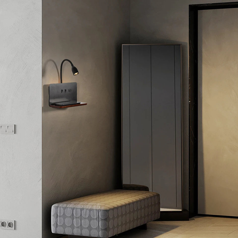 Purilite Select LED Wall Lamp – Indoor LED Lamp – 360° Rotatable Wall Light with USB Port & Wireless Charging – Modern Bedside Night Light with Switch