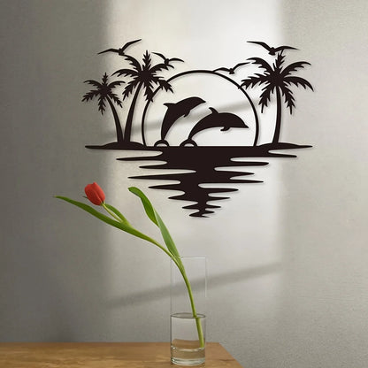 Purilite Select Creative Dolphin & Coconut Tree Beach Iron Wall Art | Indoor & Outdoor Metal Crafts Decoration for Living Room, Bedroom, Hallway, or Patio