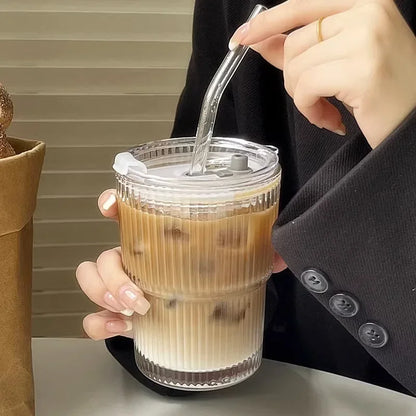 Purilite Select 600ml Stripe Glass Cup with Lid and Straw