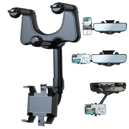 Purilite Select 360° Car Rearview Mirror Phone Holder – Adjustable Telescopic Vehicle Mount for Navigation, Hands-Free Viewing and GPS Support