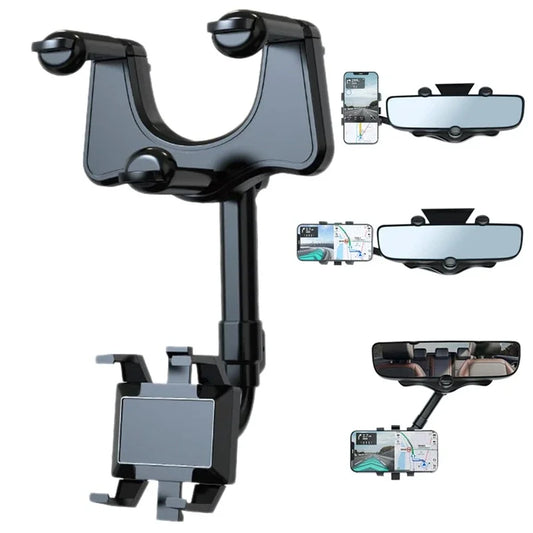 Purilite Select 360° Car Rearview Mirror Phone Holder – Adjustable Telescopic Vehicle Mount for Navigation, Hands-Free Viewing and GPS Support