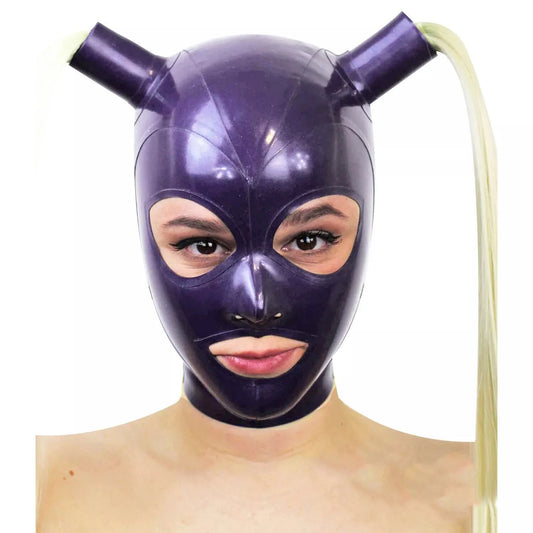 Purilite Select Purple Latex Hood Mask with Blond Double Ponytail Unisex Costume for Cosplay, Party, and Clubwear
