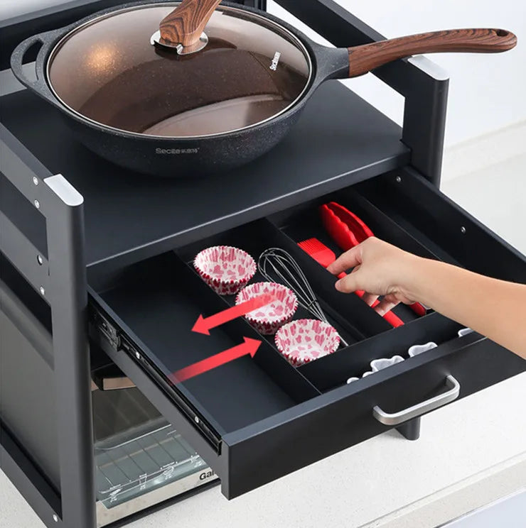 Purilite Select 2-Tier Microwave Shelf Organizer – Aluminum Kitchen Storage Rack with Sliding Drawer – Countertop Stand for Microwave – Multipurpose Kitchen Rack