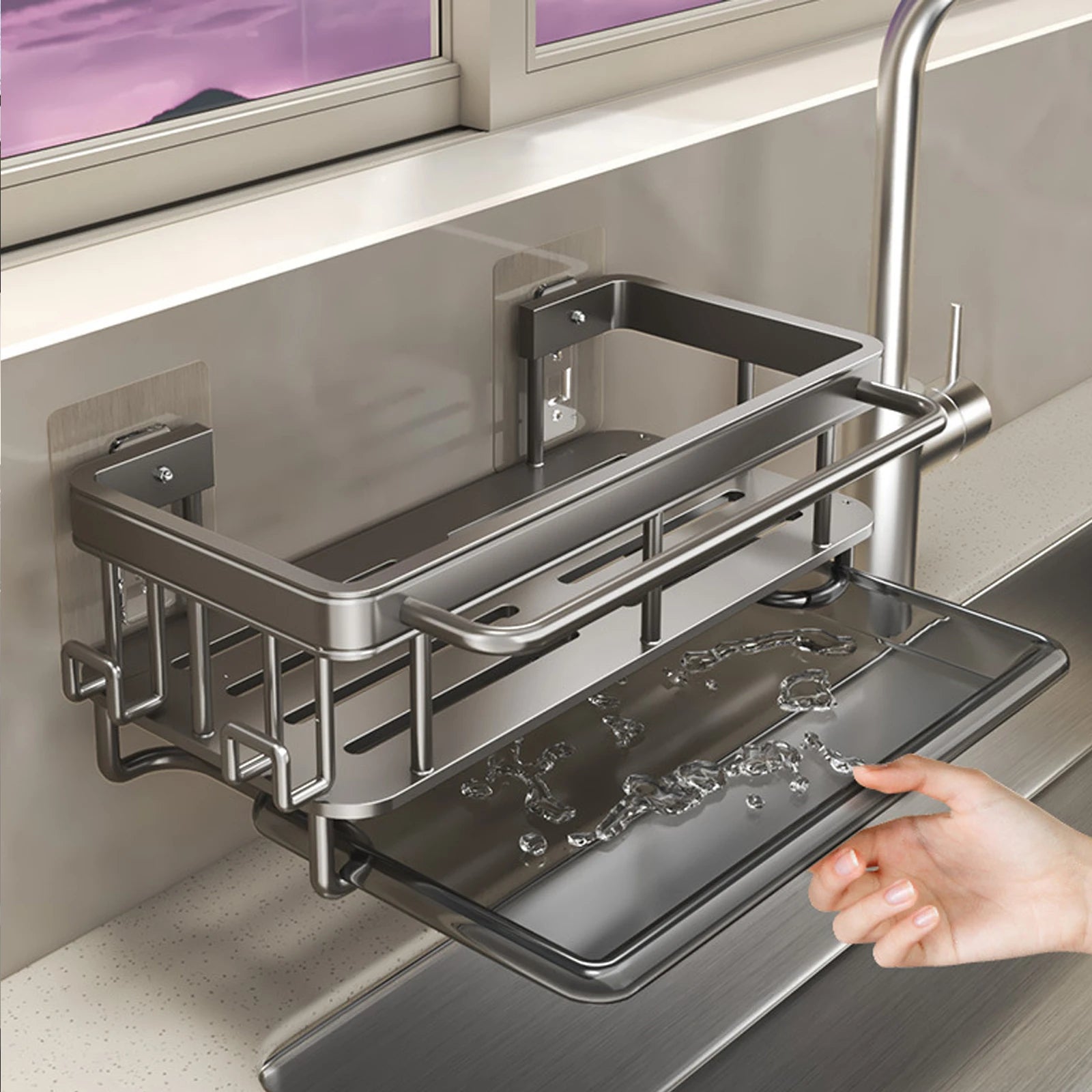 Purilite Select | Kitchen Sink Drain Rack with Tray | Aluminum Wall Mounted Sink Shelf Soap Sponge Holder - PuriLite