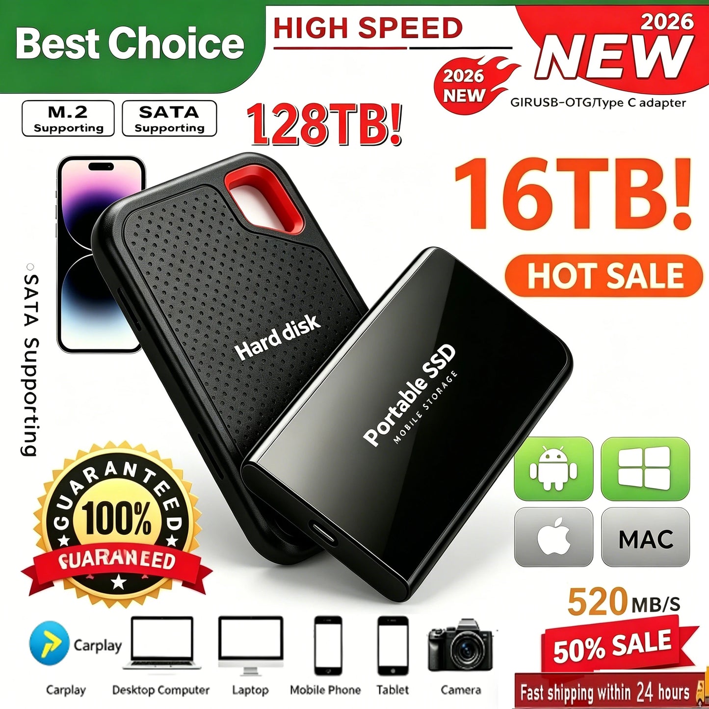 Purilite Select Portable External SSD USB 3.2 High-Speed Storage Drive for Laptop, PC, Mac & Mobile Devices