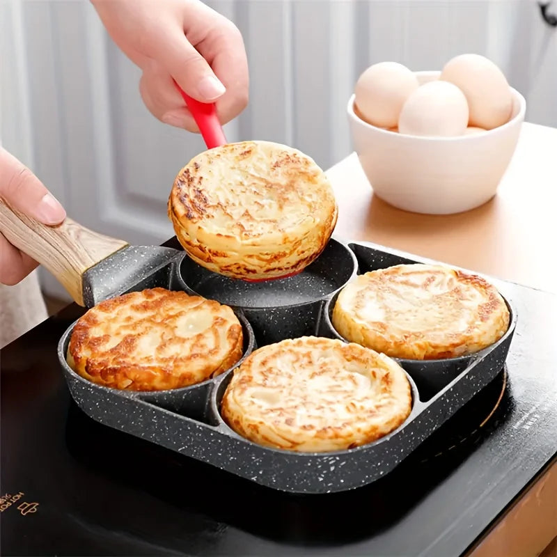 4 Hole Frying Pan Non Stick Breakfast Burger Egg Pancake Maker Wooden Handle Medical Stone Four Hole Omelet Pan - PuriLite