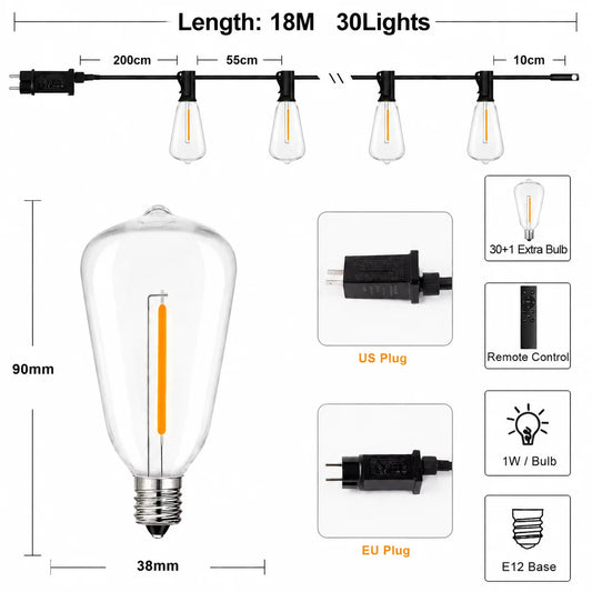 Purilite Select ST38 Outdoor String Lights with Remote Control, Dimmable Warm White 2700K Patio Garden Decorative Lights
