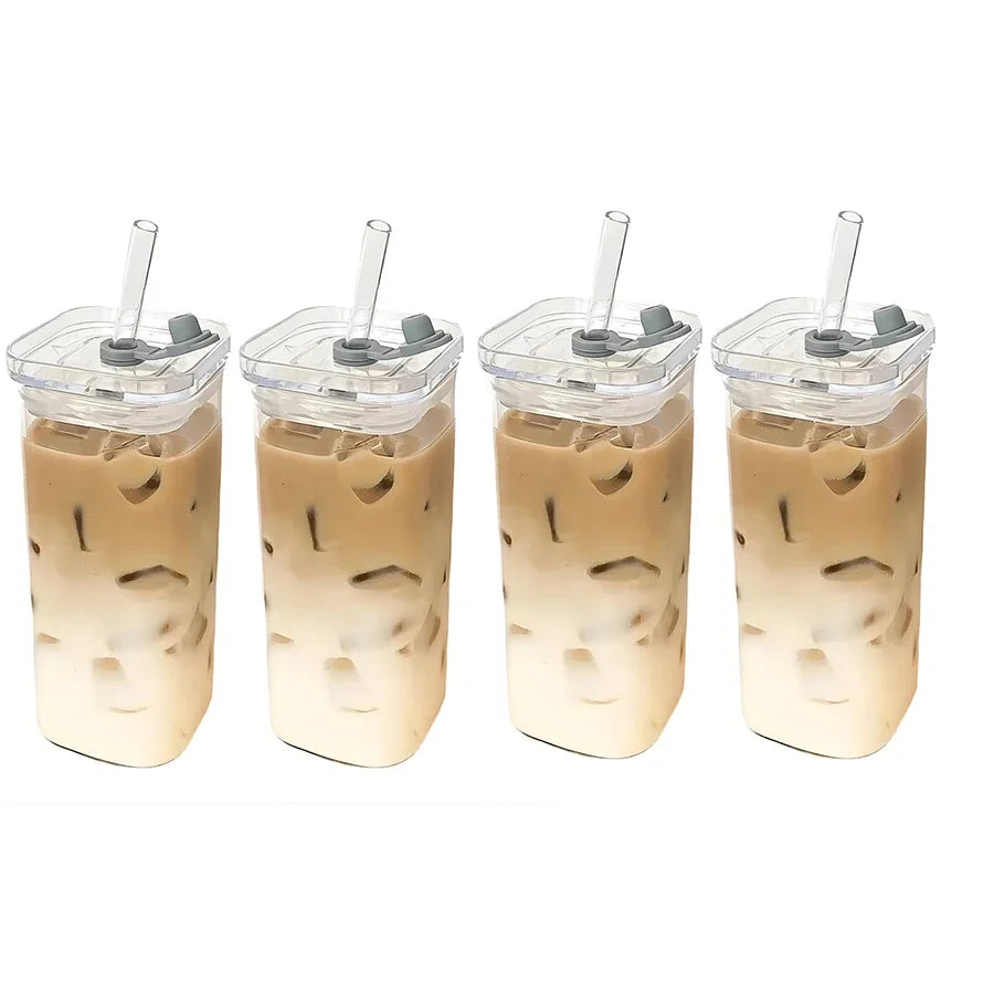 Purilite Select – Square Heat-Resistant Glass Coffee Cup with Lid &amp; Straw